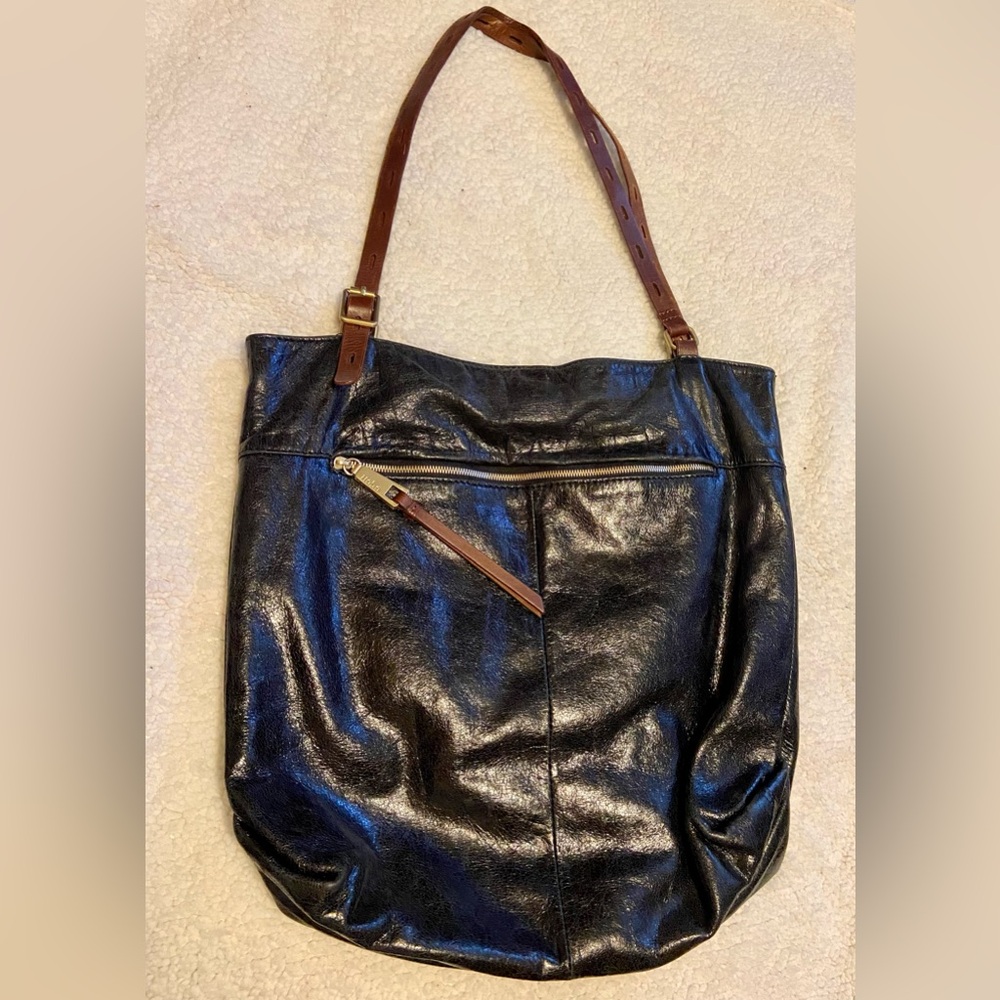 HOBO Black Patent Leather Tote Bag with adjustable brown leather straps
